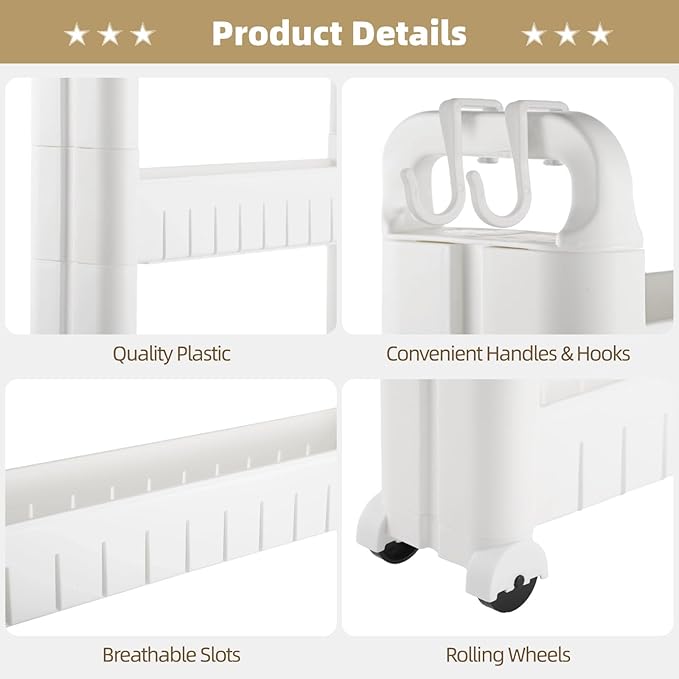 3 Tiers Slim Rolling Storage Cart, 3.5 Inches Slim Slide out Bathroom Organizer Cart, Tiered Storage Rack with Wheels, Narrow Mobile Utility Cart for Laundry Room, Kitchen, Office, Sturdy Room