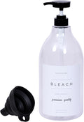 Liquid Bleach Dispenser for Laundry Room - Decorative 64-Oz PET Plastic Container with Waterproof Label - Includes Pump, Screw Cap, and Collapsible Funnel (Bleach Bottle)