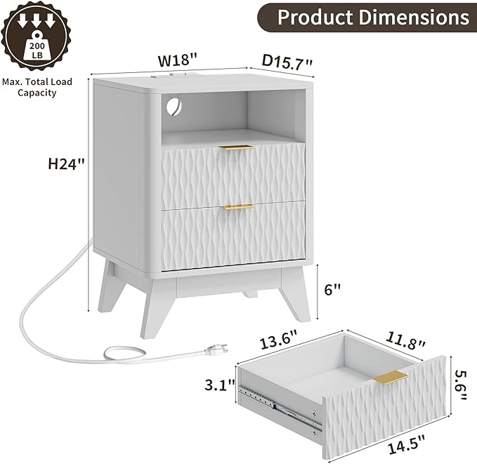 Fluted Nightstand with Charging Station, 18" Modern End Table with Storage Drawers, Bedside Table for Bedroom, White (1 Piece)