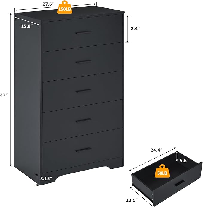 LIDYUK Dresser for Bedroom, Wood Dresser with 5 Drawers, Modern Minimalist Dressers & Chests of Drawers, 47 Inches Tall Chest of Drawers for Bedroom, Hallway, Living Room, Black