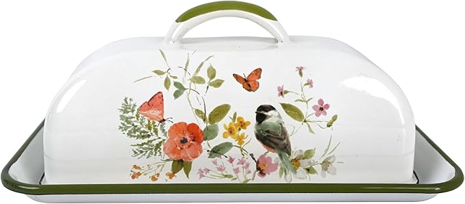 Enameled Farmhouse Vintage Butter Dish with Lid, 7.5 Inch Durable Kitchen Food Storage Container Rust-Resistant Refrigerator Safe,Vintage Decorative Design Kitchenware for Countertop
