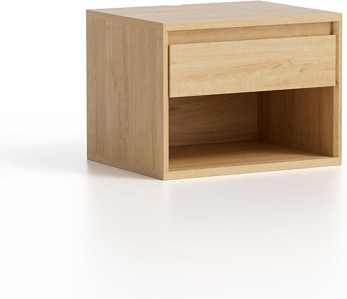 Mid Century Modern Floating Nightstand, Wall Mounted End Table with Drawer and Open Compartment Wooden Bedside Night Stand Small Storage Cabinet for Bedroom, Natural Oak