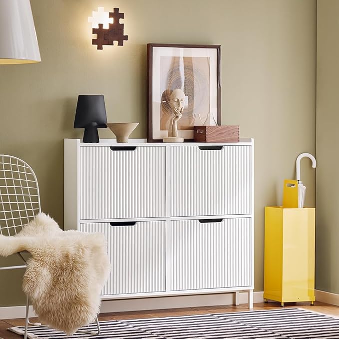 SoBuy Shoe Cabinet 4 Drawers, Narrow Shoe Storage Organizer for Entryway, Thin Free Standing Shoe Rack Porch Front Door, White FSR177-L-W
