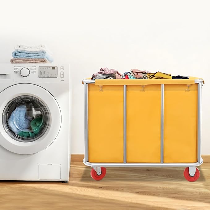 Commercial Laundry Cart with Wheels, Laundry Hamper Cart,Heavy Duty Rolling Laundry Basket with Large Capacity,Laundry Sorter Trolley for Home Hotel Apartment (Yellow, 35.43 * 25.6 * 31.5in)