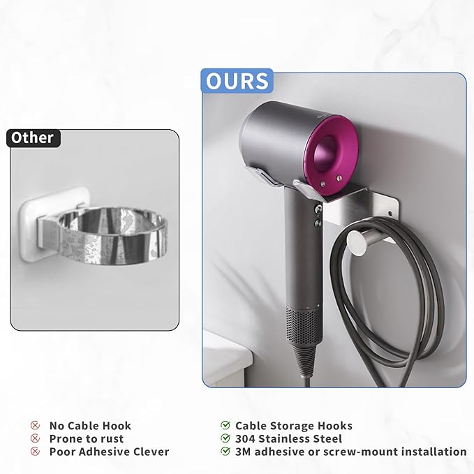 Hair Dryer Holder Stainless Steel, Blow Dryer Holder Self Adhesive, Dyson Hair Dryer Holder Wall Mounted Compatible with Dyson, Hairdryer Holder for Bathroom Silver PTALSEAW