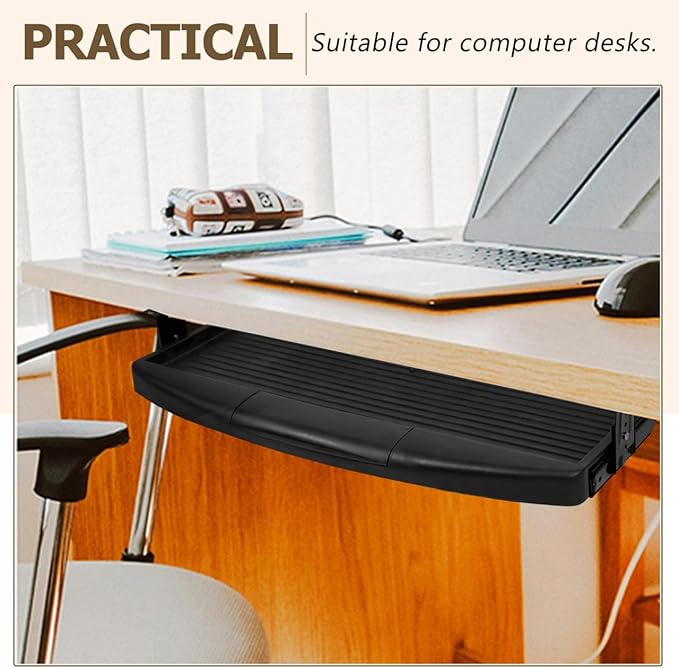 Under Desk Keyboard Tray with Adjustable Height, Ergonomic Slide-Out Keyboard Organizer, Black ABS Holder for Home and Office Use