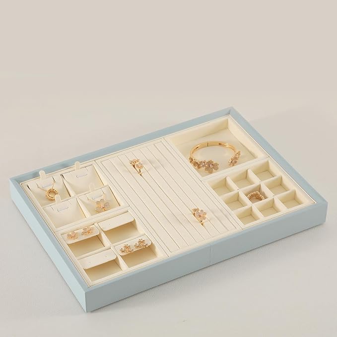 Dark Blue Jewelry Display Tray Ring Necklace Earring Bangle Organizer Multifunctional Storage Case for Jewelry Showcase (Long Ring Tray(beige))