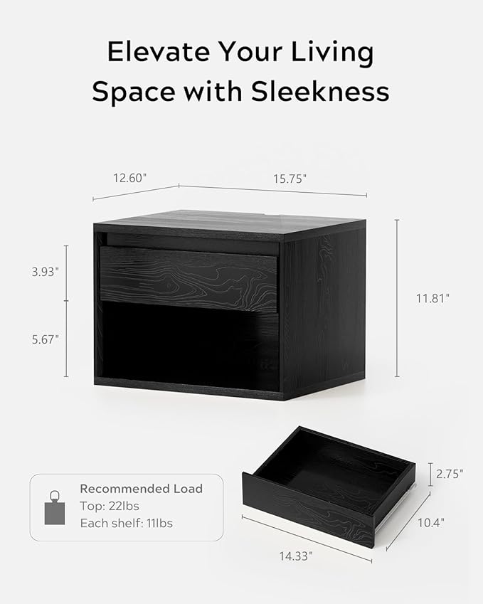 Floating Nightstand, Wall Mounted Bedside Table with Storage Drawer and Open Shelf, Modern Night Stand withHandless Design for Living Room, Bedroom, Dorm, Black