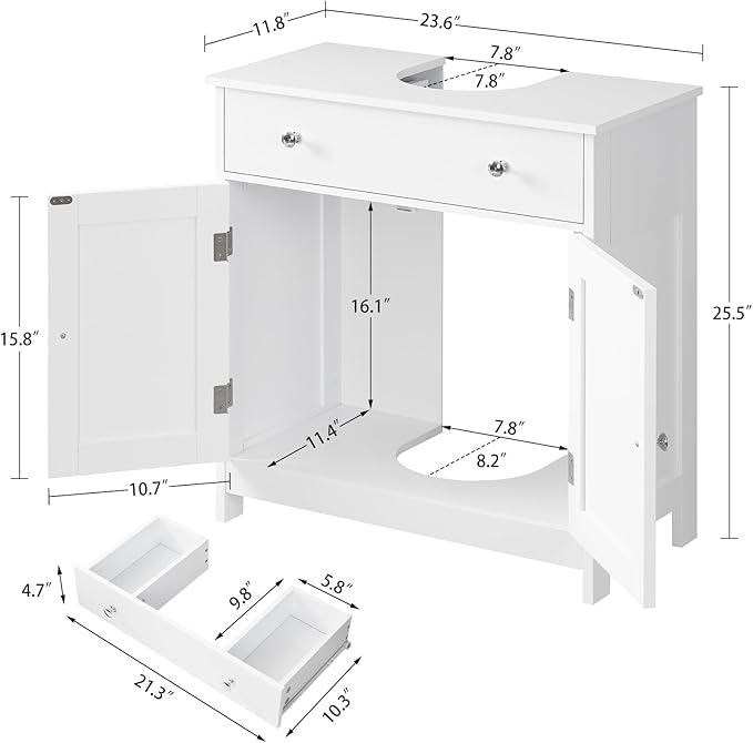 TEENFON Pedestal Sink Storage Cabinet with 2 Doors and Drawer, Bathroom Sink Cabinet, Under Sink Storage with U-Shape Cut-Out, White