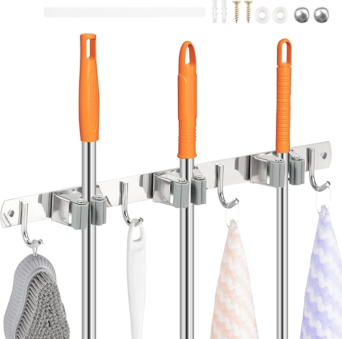 5 Pack Broom Holder Wall Mount 3 Racks 4 Hooks Stainless Steel Broom Mop Holder Anti Slip Storage Rack Strong Load Bearing Waterproof Broom and Mop Organizer Wall Hanging for Bathroom Kitchen Garage