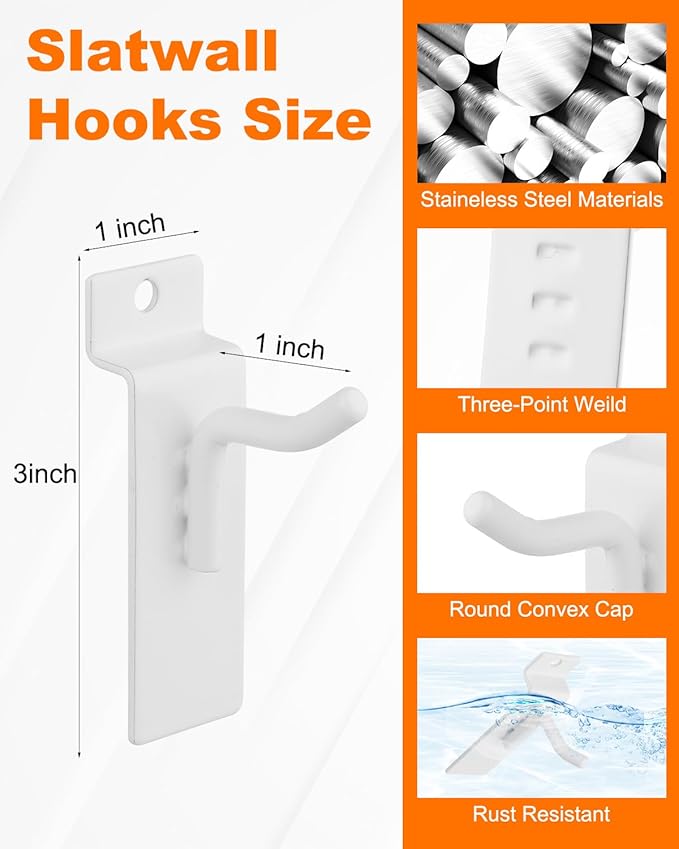 1" Slatwall Hooks, 60 Pack Garage Slat Wall Hanging Display Hooks for Retail Home Efficient Storage, White