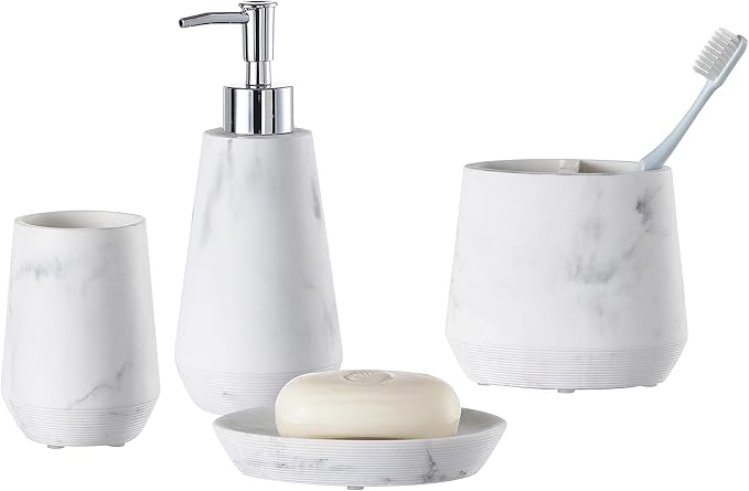 4 Piece Modern Bathroom Accessory Set with Marbled Style and Geometric Design Includes Lotion Dispenser, Toothbrush Holder, Tumbler, Soap Dish (Mordern Style Marble)