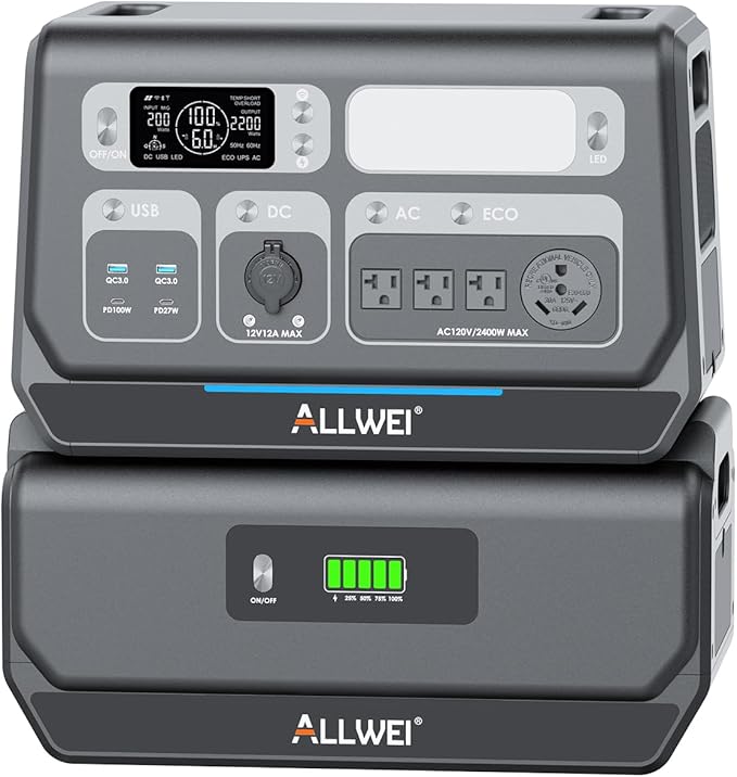 ALLWEI 2400W Portable Power Station with a B200 PRO Expansion Battery, 4096Wh LiFePO4 Battery 4 AC Outlets Up to 2400W for Home, Outdoor Camping, RV, With 1500W AC Charging &1200W Solar Charging