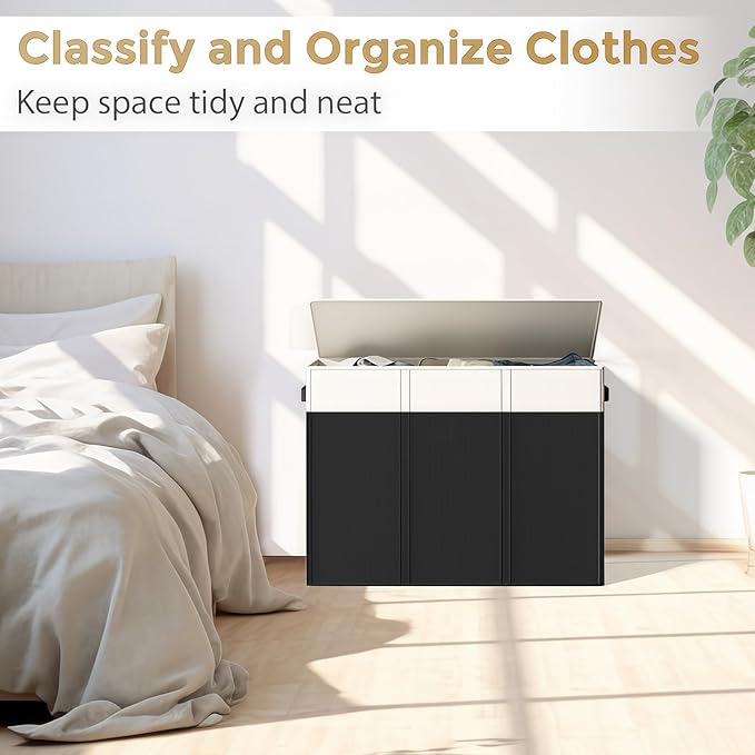 180L Laundry Hamper 3 Section, Large Laundry Basket with Lid, Laundry Basket Organizer with Handles, Divided Clothes Hampers for Laundry, Bedroom, Bathroom, White & Black