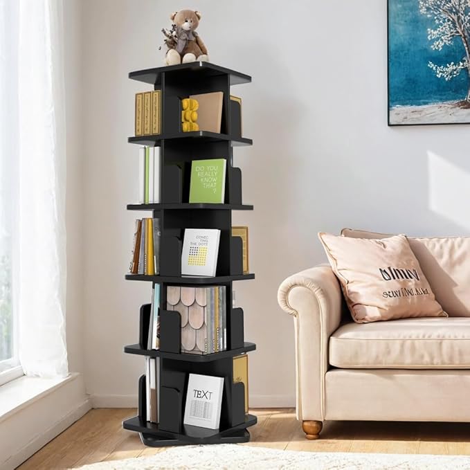 MHOM Black Rotating Bookshelf, 360 Display 5 Tier Rotating Bookshelf Tower, Floor Standing Revolving Bookcase, Wooden Small Bookcase for Small Spaces, and Living Room