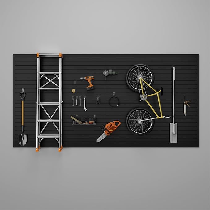 4'H x 8'W Slatwall Panel Garage Wall Organizer, Heavy Duty Interlocking Slat Wall Paneling Sheets, Garage Slatwall for Tool Organization Mounted Storage Systems Black
