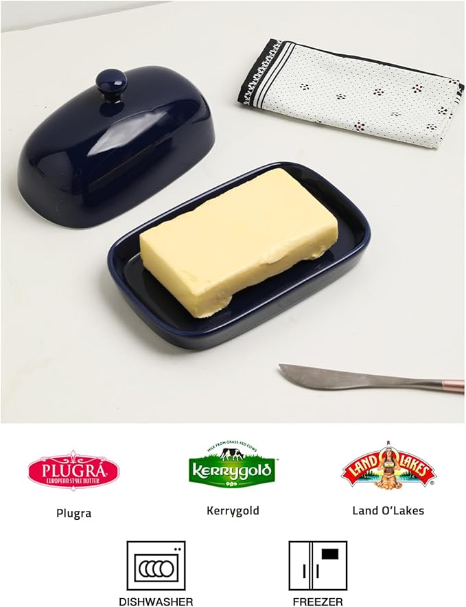 Sweejar Ceramic Butter Dish with Lid for Countertop,Porcelain Butter Keeper with Knob Handle,Butter Container for East/West Coast Butter, 7.1*3.7 inches (Navy)
