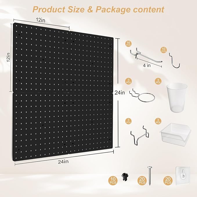 FZK 36pcs Pegboard Kit, Peg Board,Peg Board Hooks,Includes 4 Black Pegboard and Pegboard Accessories,Pegboard with Hooks,Plastic Pegboard,Pegboard Wall Organizer, Garage Storage
