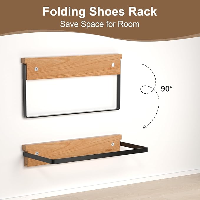 2-Pack Wall Mounted Shoe Rack, Wooden & Metal Foldable Shoe Rack - Space Saving Wall Shoe Holder for Entryway, RV, Camper, Closet, Apartment, Fits Various Shoes - Natural