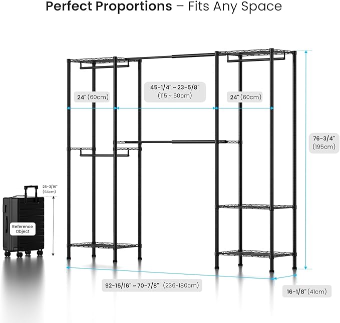 Metal Garment Racks Heavy Duty Clothes Rack Adjustable Freestanding Expandable Industrial Pipe Clothing Rack for Hanging Clothes - 70" L x 16" W x 76.7" H, Black