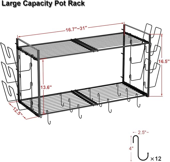 31 Inch Pot Rack Wall Mounted, 2-Tier Hanging Pots and Pans Organizer Expandable Heavy Duty Kitchen Shelves with 6 Pot Lid Holders and 12 Hooks for Kitchen Cookware Utensils Storage