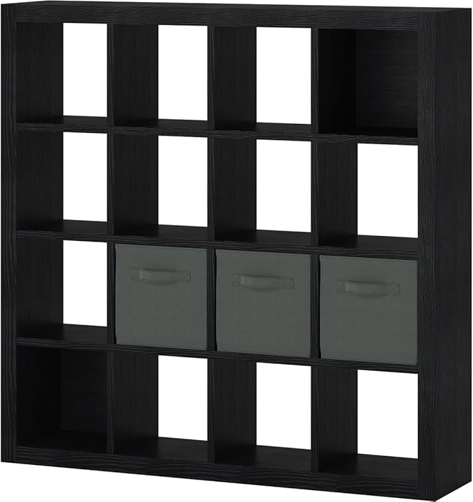 furtble Bookshelf with Storage Bins, 16-Cube Storage Organizer with Back Panels, Modern Wood Open Bookcase, Multifunctional Display Shelf for Living Room, Bedroom, Home Office, Black