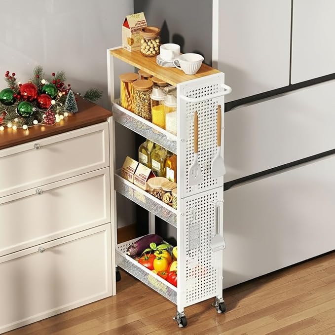 Slim Rolling Storage Cart with Wheels, 4-Tier Metal Utility Cart with Handle & Wood Top, Small Mobile Organizer Shelf Unit for Laundry Room, Kitchen, Bathroom, Office, Narrow Space