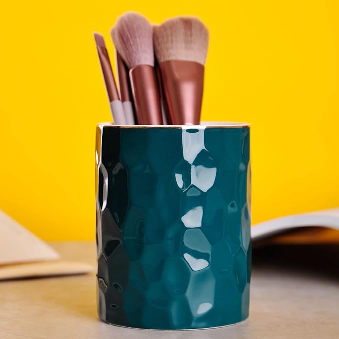 WHJY Ceramic Green Pencil Cup, Makeup brushes Holder, Gold Pen Holder for Desk Cute Small Boho Brush Holder, Modern Geometry Design Pen Holder