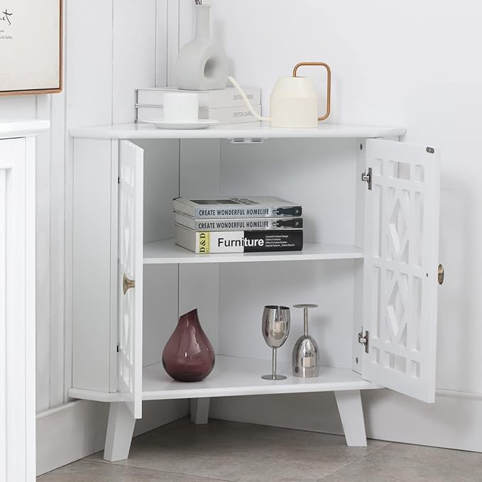 Scurrty 32'' Corner Shelf Stand, Small Corner Table Sideboard Cabinet with 2 Doors and 2-Tier Shelves, Free-Standing Storage Organizer for Living Room, Dining Room & Bathroom (White)