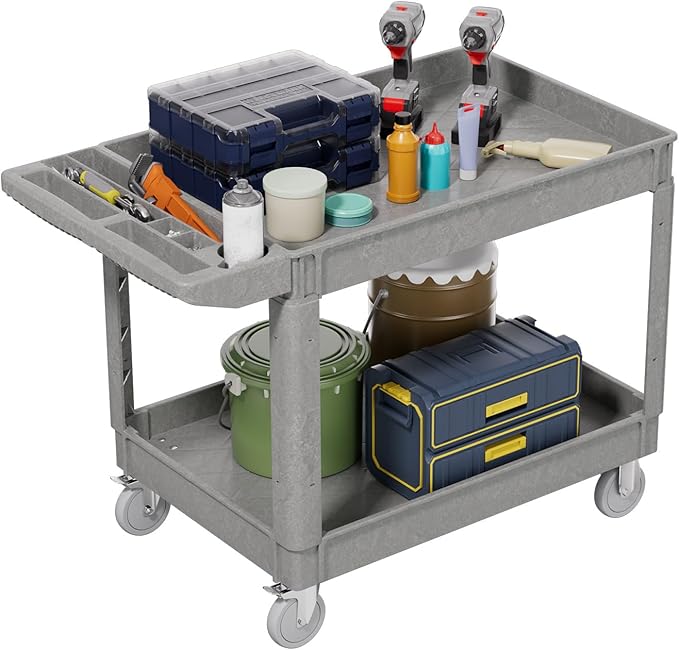 2 Tier Plastic Rolling Utility Cart on Wheels, Heavy Duty Tool Cart with Deep Shelves and 360° Swivel Wheels Holds up to 550 lbs, Service Cart for Warehouse,Garage, Cleaning (Gray-L)