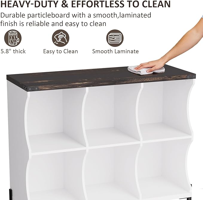 6 Cube Storage Shelf Organizer, Low Book Shelf Bookcase Entryway Table, Wood Closet Storage Display Cabinet TV Stand for Living Room, Office,Bedroom, Dorm, White with Dark Brown Top