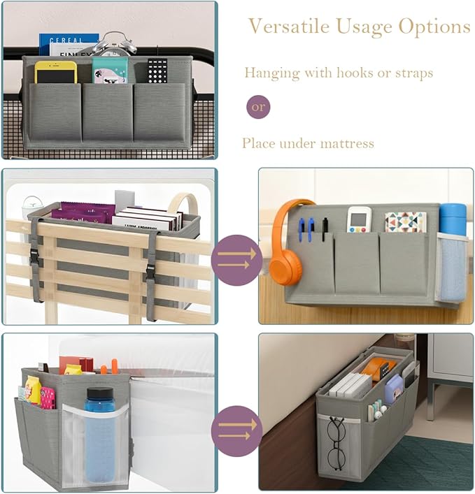 Dual-Purpose Bedside Caddy Organizer Hanging Storage Bag Dorm Storage for Home, Dorm, Bunk, Hospital Beds, Bed Caddy Holder with 6 Pockets for Magazines, Books, Phones, Remotes, Bottles