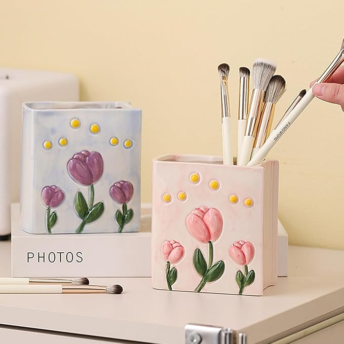 Book Vase Tulip Pencil Cup Pen Holder For Office Desk Decorative Books Pink Flower Vase Cute Toothbrush Holders Home Decor Teacher Book Gifts for Women Small Makeup Brushes Holder