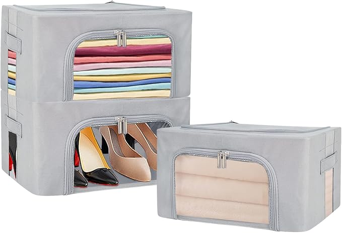 UUBEMM Clothes Storage Bins with Foldable Sturdy Frame,Stackable Storage Box for Closet Shelf Organizers for Seasonal Clothing,Blankets,Towel Bed Sheets,Toys Gift Others (Small -22L x3PACK, Grey)