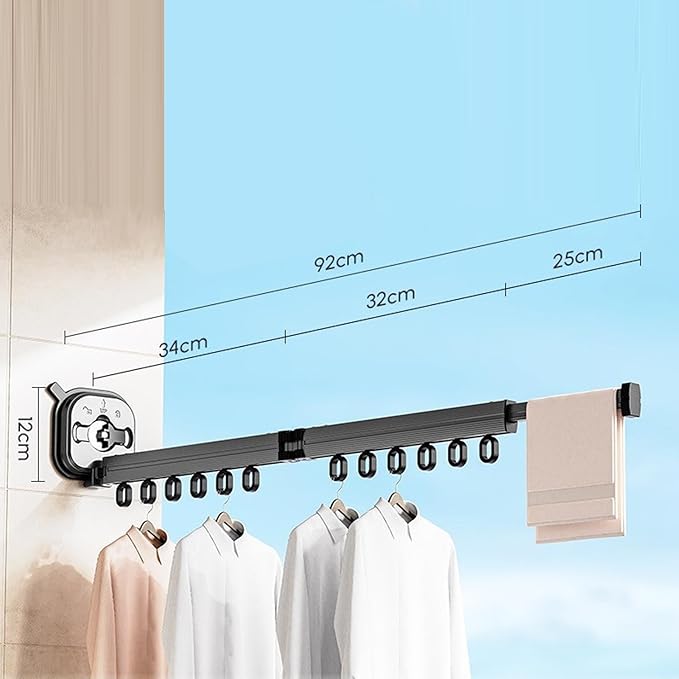 Retractable Clothes Drying Rack, 92cm/36.2in Wall Mount Laundry Hanger Windproof No Drill Clothes Storage Organizer with Suction Cup for Laundry