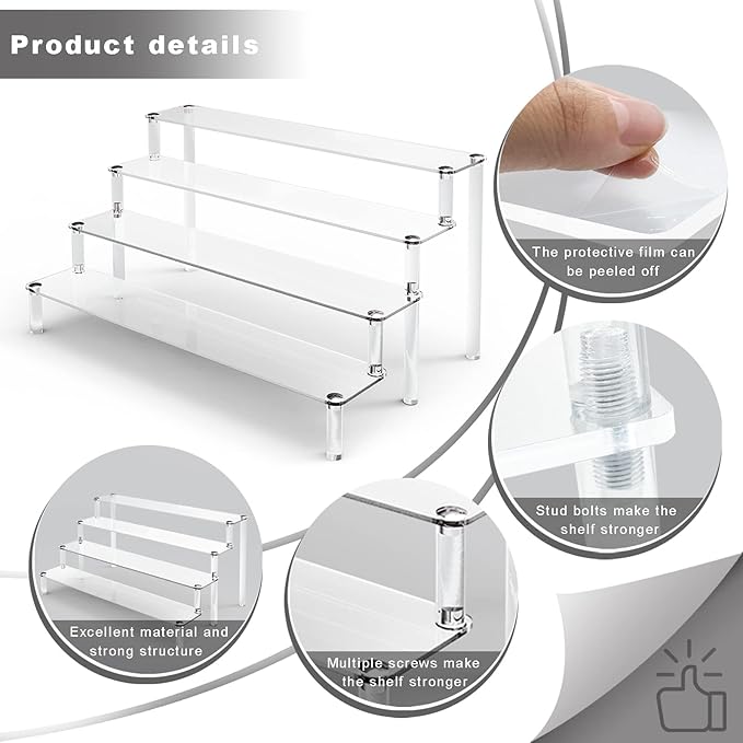 ULENDIS Acrylic Stands for Display, 4 Tier Clear Display Stand Risers Shelf for Cupcakes Perfumes Figurines, Tabletop Cupcake Stand for Decorating & Organizing (16" x 12.4" x 7.7")