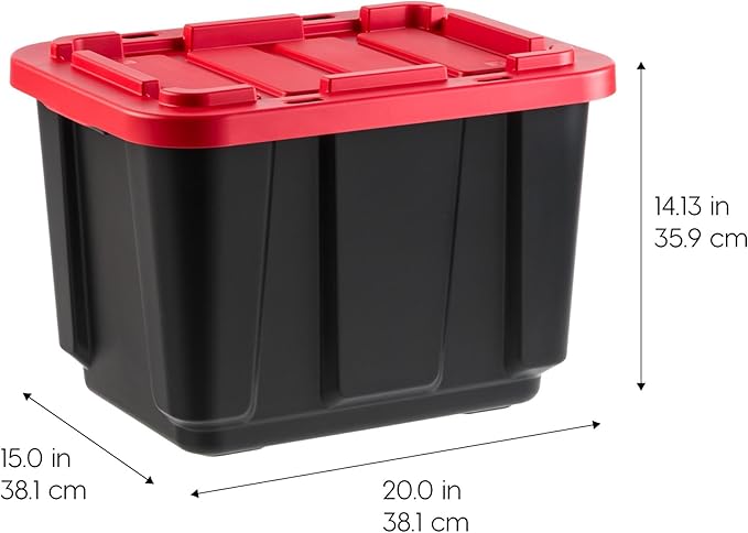 IRIS USA 12 Gallon Heavy Duty Truck Bed Toolbox Storage Tote Bins with Lids, 4 Pack - Made in USA, Tough Snap On Lockable Lid Stackable Industrial Rugged Tubs, Garage Organization Box - Red