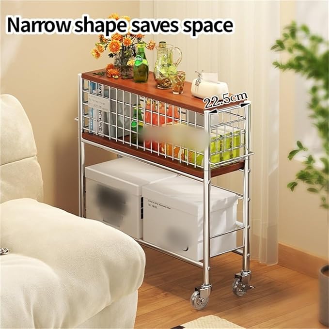 Slim Storage Cart with Wheels, 2 Tier Rolling Cart with Solid Wood Open Shelf, Space-Saving Snack Cart, Utility Cart for Kitchen, Bathroom, Living Room