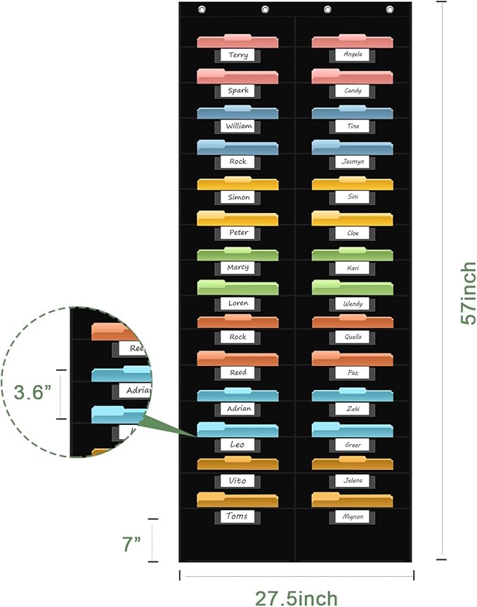 28 Pocket Hanging Wall File Organizer with 28 Name tag Pockets, File Storage Pocket Chart for Classroom and Office Use. Keeps Assignments, Files, Scrapbooks, and Papers Neatly Organized.