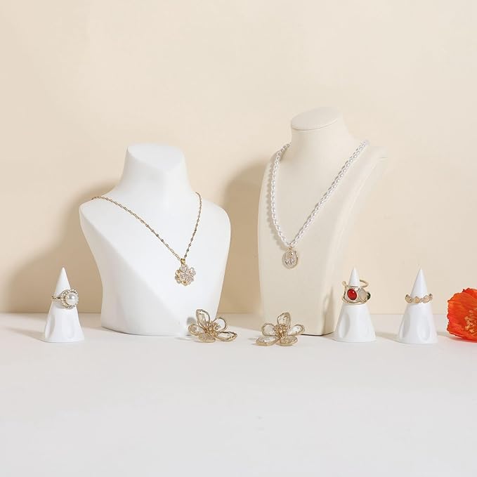 GemeShou Beige necklace storage organizer for sale, Velvet necklace holder stand, jewelry bust display stands, Jewelry Mannequin for Countertop, Showcase【Beige-Small height 7.68 inch】