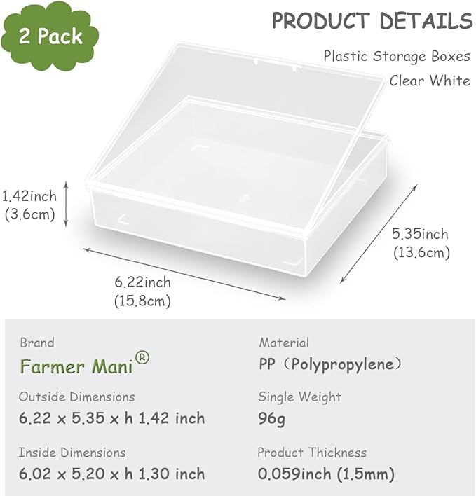 2 Packs Small Plastic Storage Containers (6.22x5.35x1.42 in), Clear Rectangle Bead Organizer Case with Lids for Crayons, Crafts, Beads Pencils Notebooks