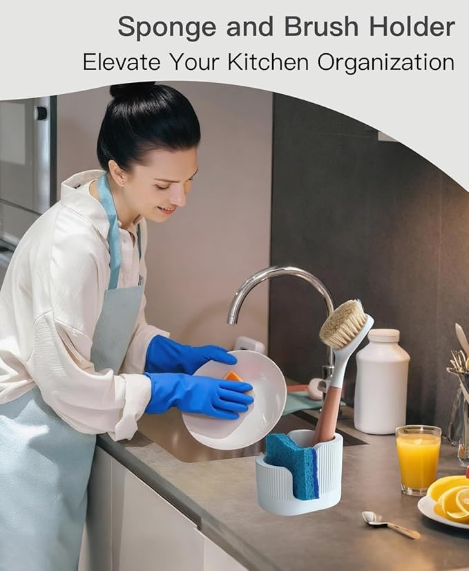 2-in-1 Diatomite Sponge Holder for Kitchen Sink, Quick-Drying Dish Sponge and Brush Holder, Dish Wand Holder, Diatomite Stone Sink Tray, Ultra Absorbent Sinks Caddy Organizer,White