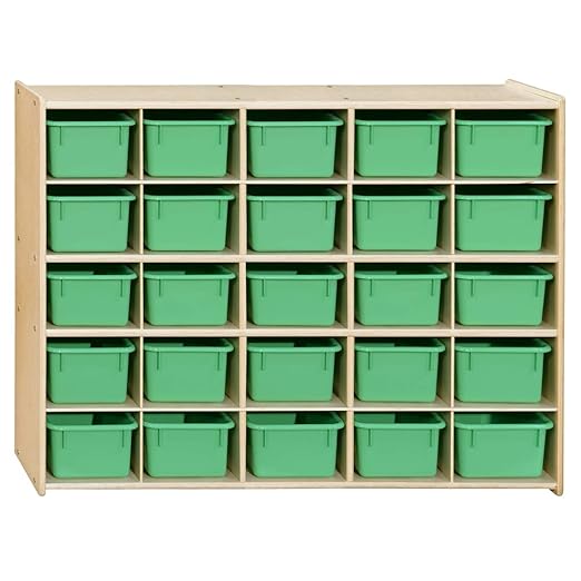 Contender 25 Trays Birch Hardwood Shelving Unit with Lime Green Bins, Kindergarten, Home-School, Daycare Organizer for Toys, Puzzles, Art and Craft Supplies