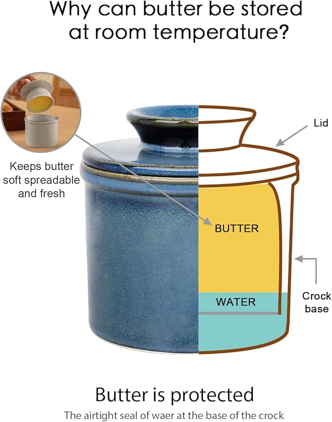French Butter Dish, Butter Crock for Counter with Water Line, Ceramic Butter Keeper for Spreadable Butter - Chrismas Gift Home Kitchen Decor - Reactive Glaze Collection - Blue