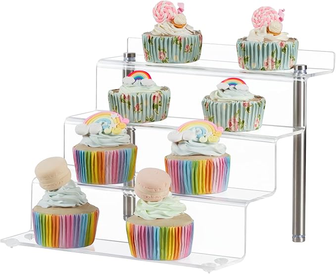 Acrylic Riser Shelf 4 Tier Clear Display Stand for Collectibles Pop Figures, Cupcakes, Perfumes, Display Risers for Decorating & Organizing - 9 x 8.3 x 6.8 in (Small, 2 Pack)