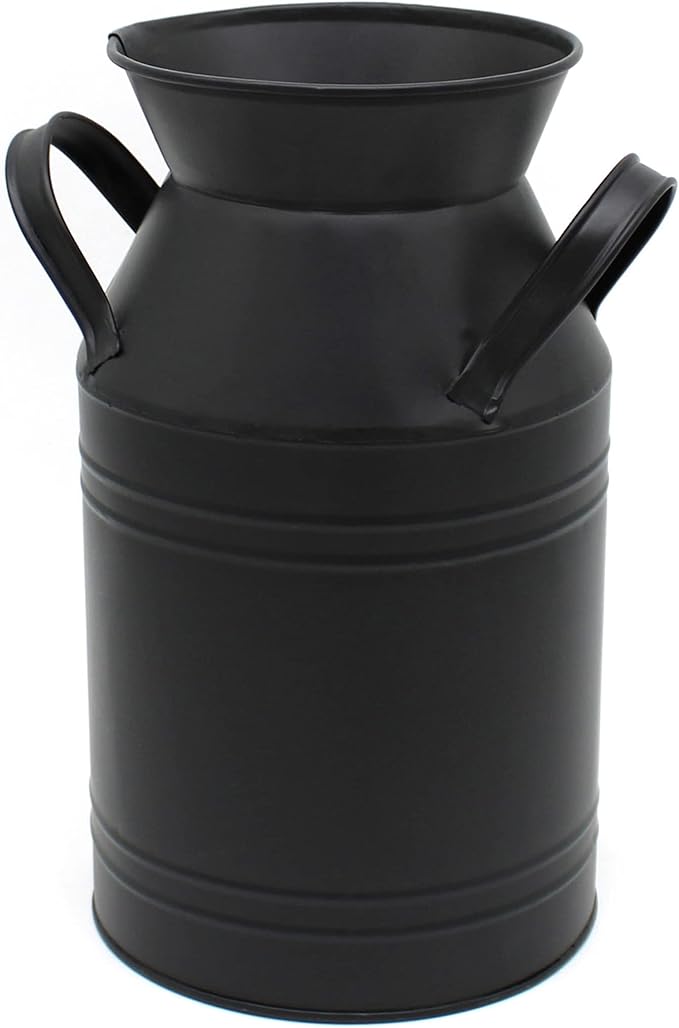 CVHOMEDECO. Farmhouse Galvanized Metal Milk Can, Old Rustic Primitives Jug Vase for Home and Garden Décor. Black
