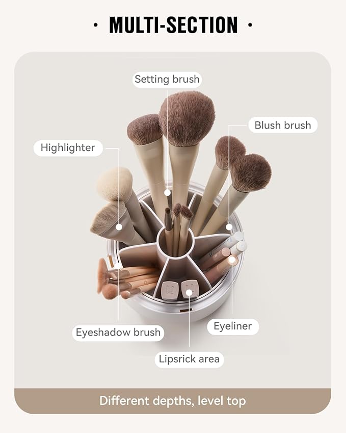 EACHY Makeup Brush Holder 360° Rotating with Dustproof Lid, Waterproof Material, 7 Compartments for Organized Storage, Stylish and Durable Design for Vanity (Green)