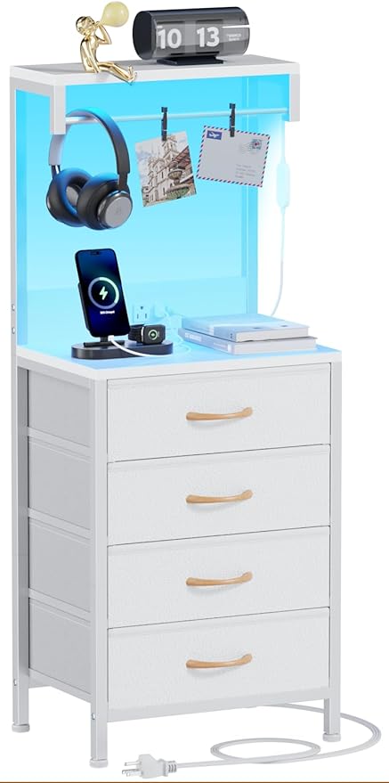 Furnulem White Nightstand, 38 inches Tall Night Stand with Charging Station and LED Lights, Bedside Table for Bedroom, Office, Hallway, 4 Fabric Drawers, Metal Frame, Wood Shelves