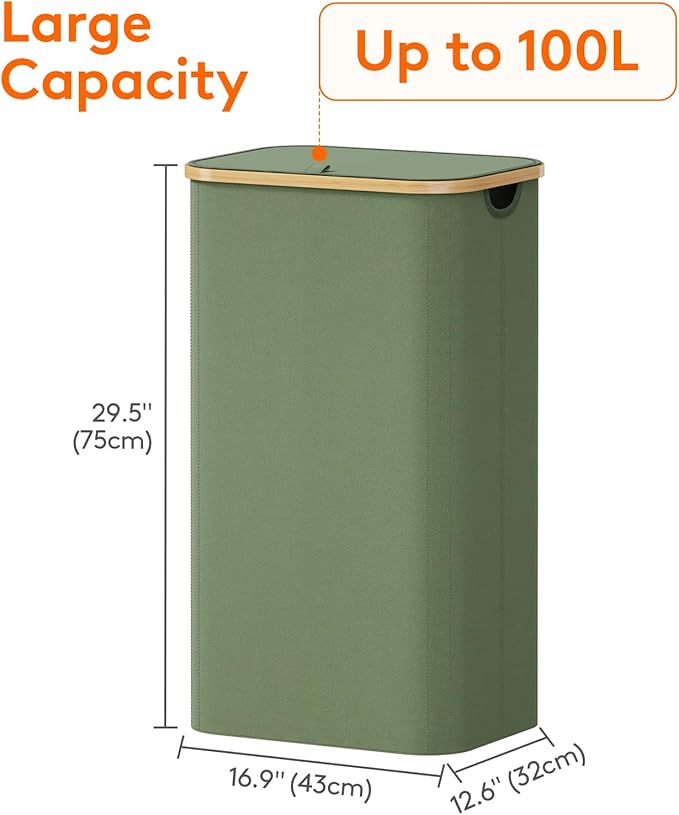 Lifewit 100L Laundry Basket with Lid, Clothes Hampers for Laundry with Bamboo Handles and A Removable Bag, Large Foldable Laundry Hamper for Bedroom, Bathroom, Dorm, Laundry Room, Green