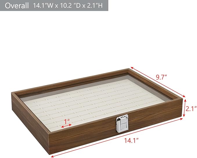 MOOCA 100 Ring Box Jewelry Display Tray, Display Case Accessories Storage Box with Tempered Glass Hinge Lid, Beige Lined Jewelry Tray for Rings, Walnut Color, 14.1W x 10.2D x 2.1H in